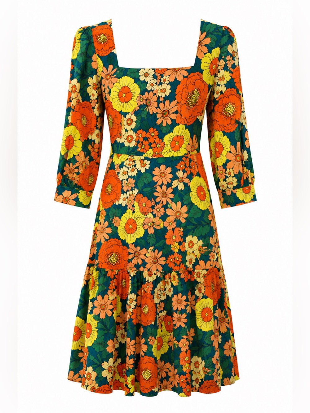 Joanie Retro Floral Midi Dress Mod 70s Psychedelic Print Dress